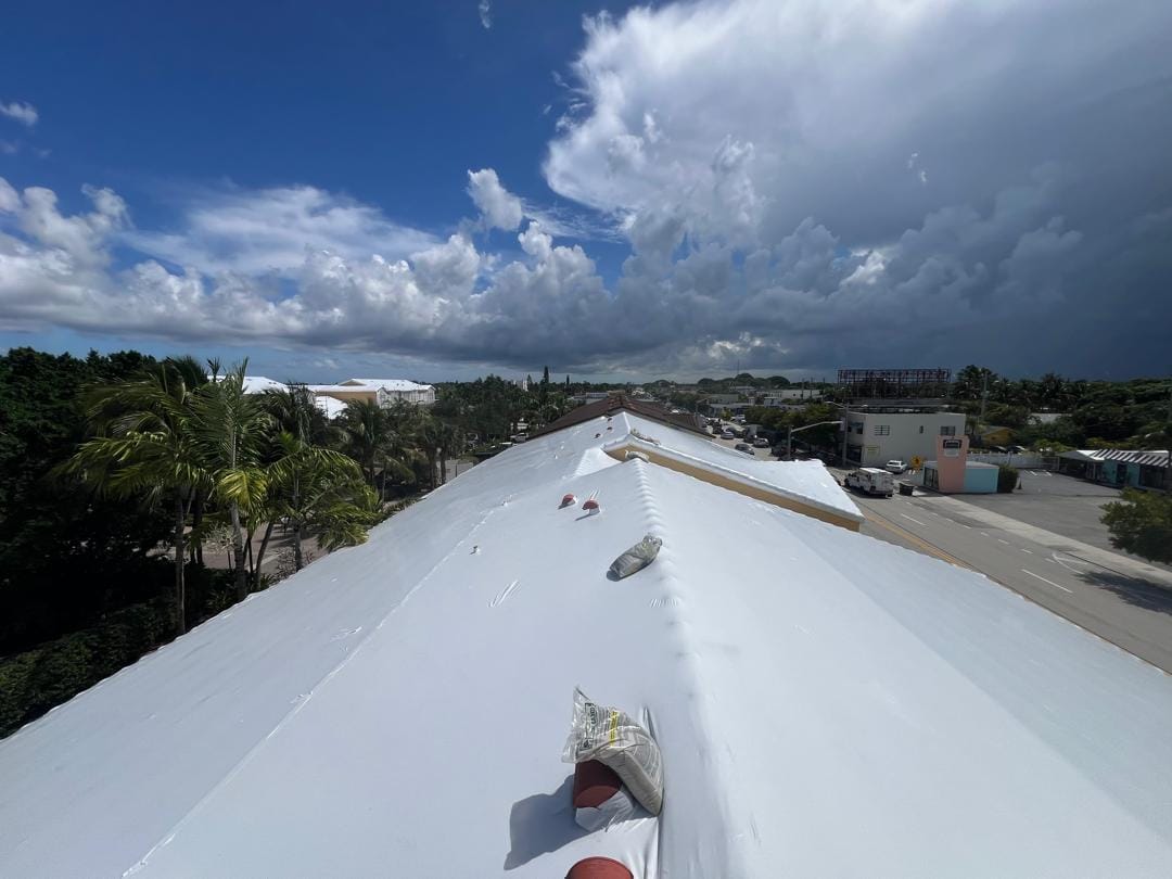 Ridge line of a newly coated white roof under a blue sky